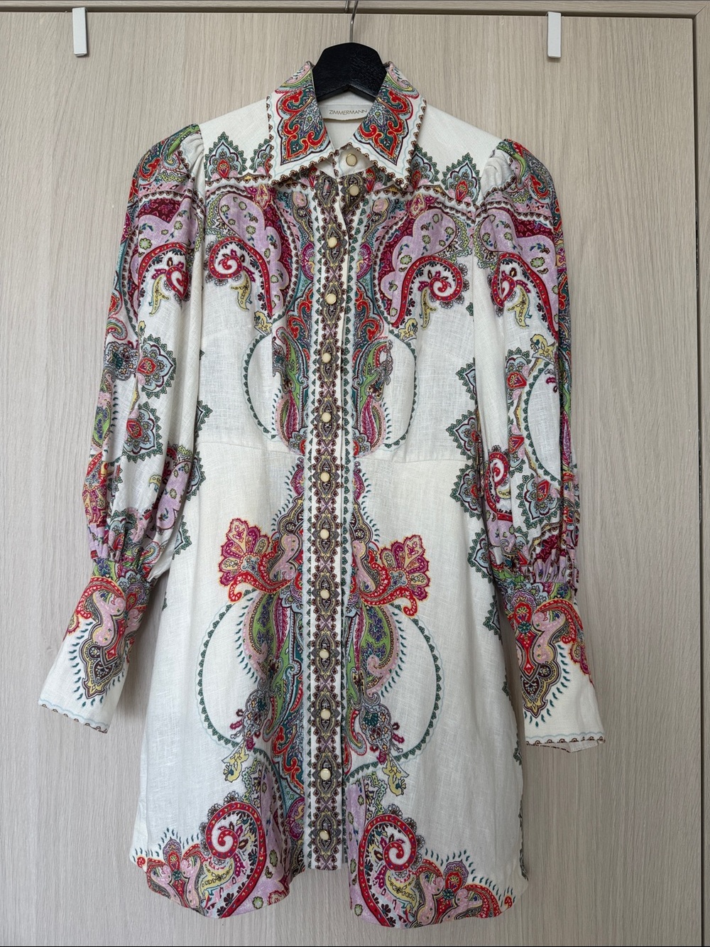 Zimmermann 100% cotton white paisley print mini dress | western boho old money